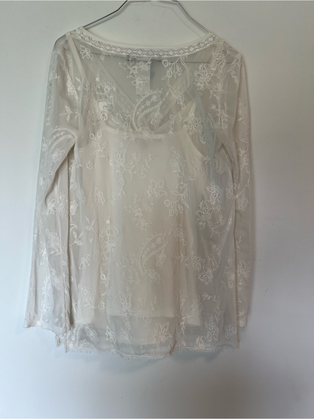 White House Black Market White Sheer Embroidered V-Neck Blouse - Picture 2 of 6